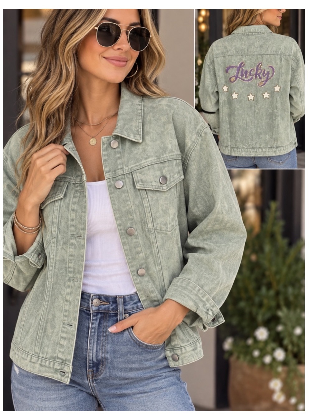 NWT FANTASTIC FAWN "Lucky” Patch Sequin Denim Jacket in Washed Sage
